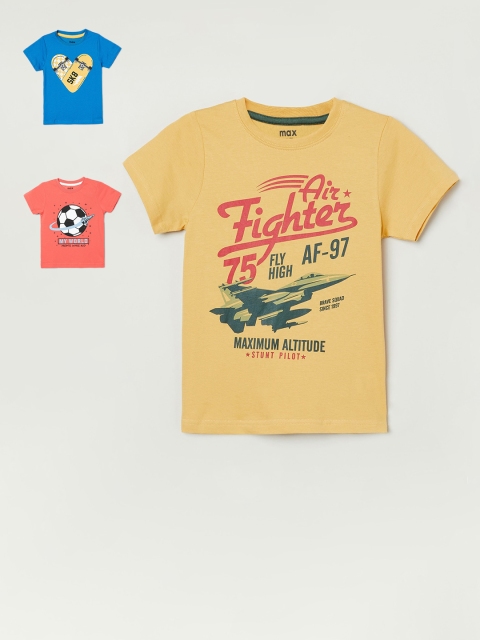 

max Boys Coral & Yellow Pack of 3 Printed Cotton T-shirt