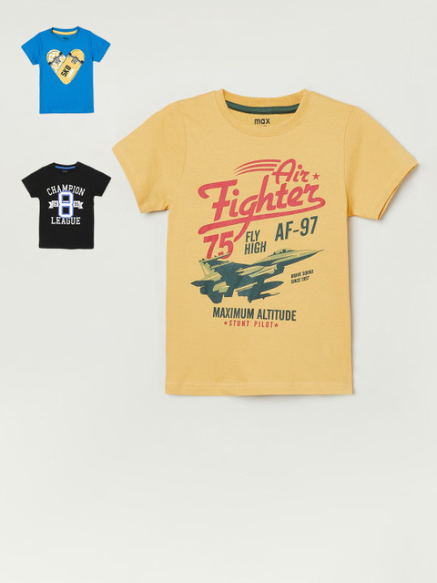 

max Boys Yellow & Black Pack of 3 Printed Cotton T-shirt