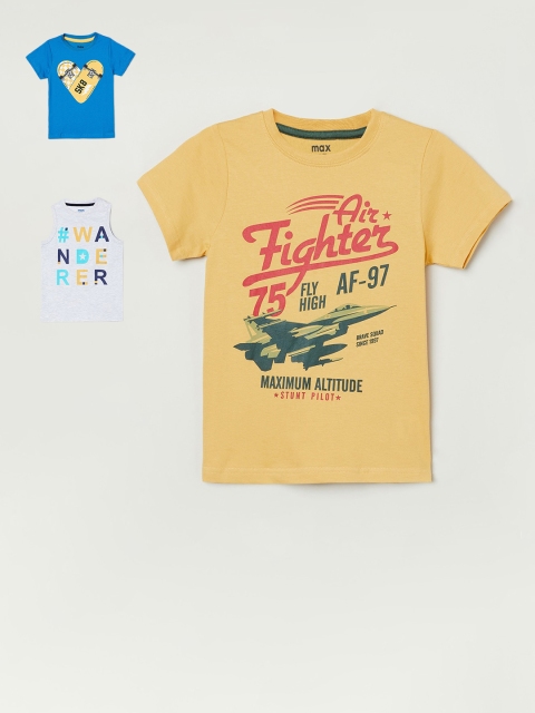 

max Boys Yellow & Grey Pack of 3 Printed Cotton T-shirt