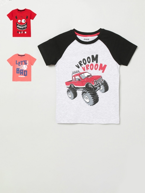 

max Boys Grey & Red Pack of 3 Printed Cotton T-shirt