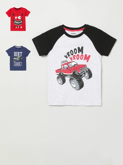 

max Boys Navy Blue & Red Pack of 3 Printed Cotton T-shirt