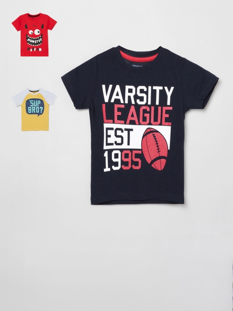 

max Boys Navy Blue & Red Pack of 3 Printed Cotton T-shirt