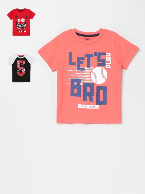 

max Boys Black & Coral Pink Pack of 3 Printed Cotton T-shirt