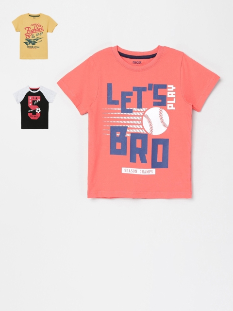 

max Boys Yellow & Coral Pink Pack of 3 Printed Cotton T-shirt