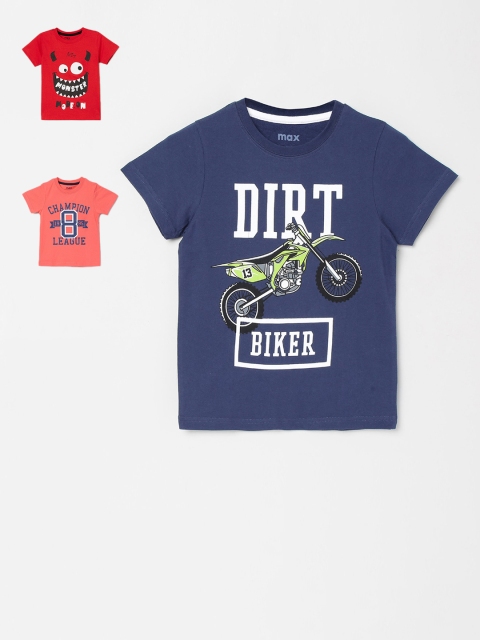 

max Boys Navy Blue & Red Pack of 3 Printed Cotton T-shirt