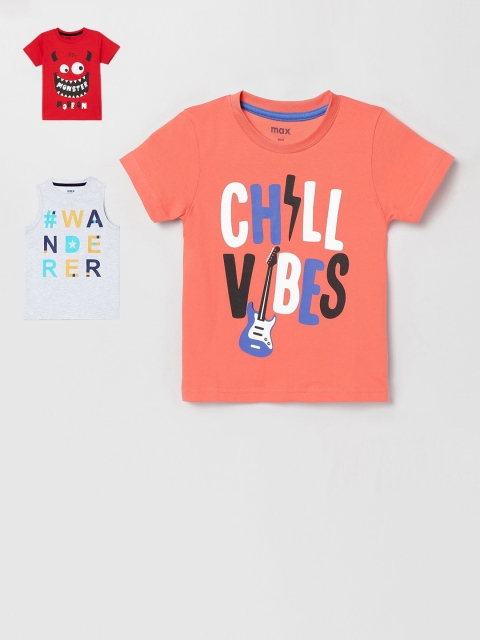 

max Boys Red & Grey Pack of 3 Printed Cotton T-shirt