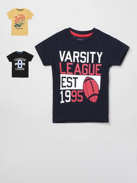 

max Boys Navy Blue & Black Pack of 3 Printed Cotton T-shirt
