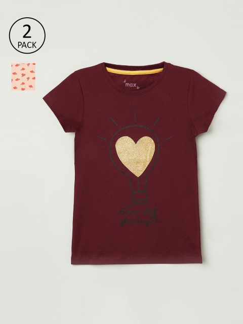 

max Girls Pack Of 2 Peach-Coloured & Maroon Printed Round Neck T-shirt