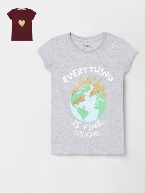 

max Girls Pack Of 2 Grey & Maroon Printed Round Neck T-shirt