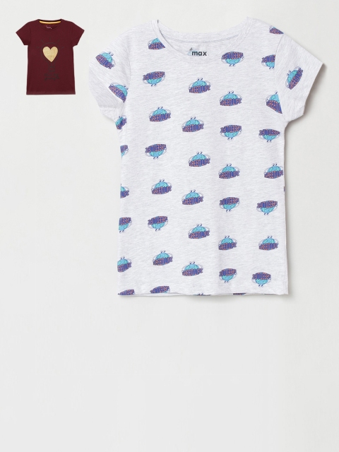 

max Girls Pack Of 2 Printed Round Neck T-shirt, Grey