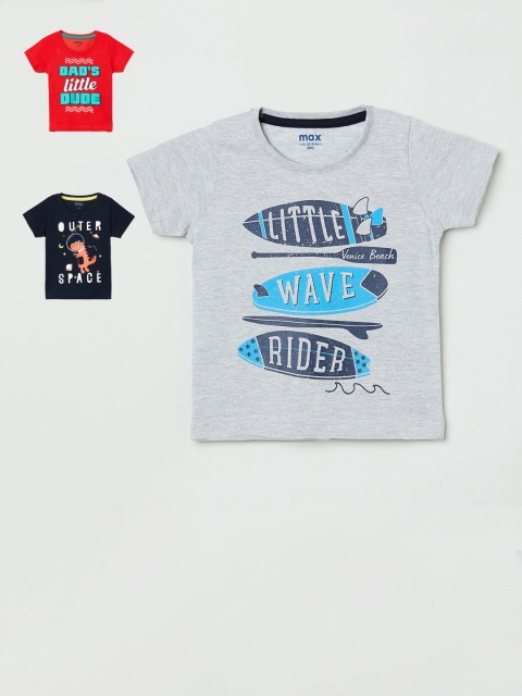 

max Boys Pack Of 3 Printed Round Neck T-shirt, Grey