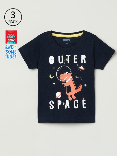

max Boys Pack Of 3 Printed Round Neck T-shirt, Navy blue