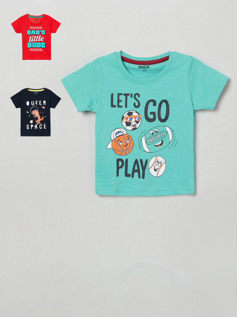 

max Boys Pack Of 3 Printed Round Neck T-shirt, Green