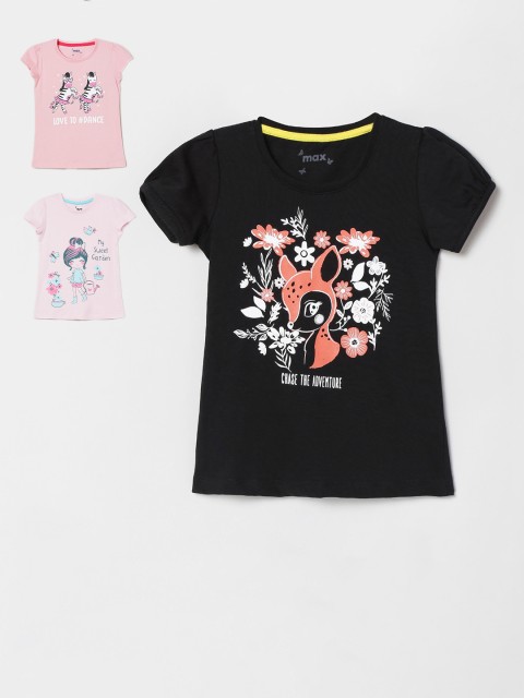 

max Boys Pack Of 3 Printed Round Neck T-shirt, Black