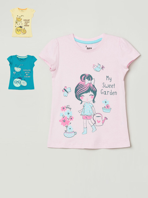 

max Girls Pack of 3 Conversational Print Pure Cotton Round Neck T-Shirts, Teal