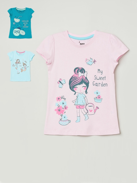 

max Girls Pack of 3 Conversational Print Pure Cotton Round Neck T-Shirts, Teal