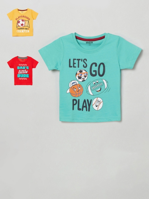 

max Infant Boys Pack of 3 Slogan Print Round Neck Pure Cotton T-shirts, Red