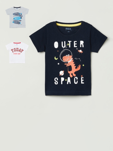 

max Infant Boys Pack of 3 Printed Round Neck Pure Cotton T-shirts, Navy blue