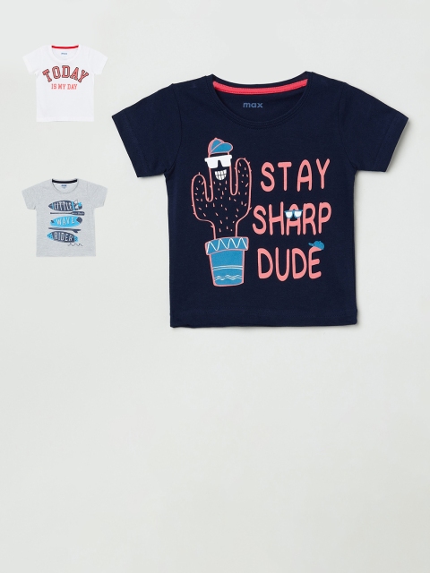 

max Infant Boys Pack of 3 Slogan Print Round Neck Pure Cotton T-shirts, Navy blue