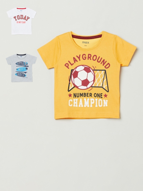 

max Infant Boys Pack of 3 Slogan Print Round Neck Pure Cotton T-shirts, Yellow