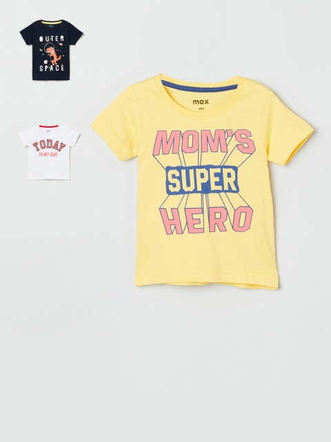 

max Infant Boys Pack of 3 Slogan Print Pure Cotton Round Neck T-Shirts, Yellow