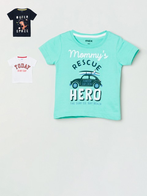 

max Infant Boys Pack of 3 Slogan Print Pure Round Neck Pure Cotton T-shirts, Sea green