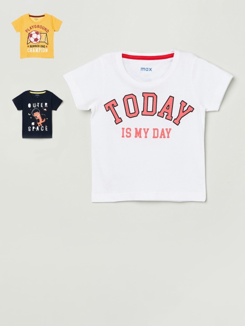 

max Infant Boys Pack of 3 Slogan Print Round Neck Pure Cotton T-shirts, Yellow