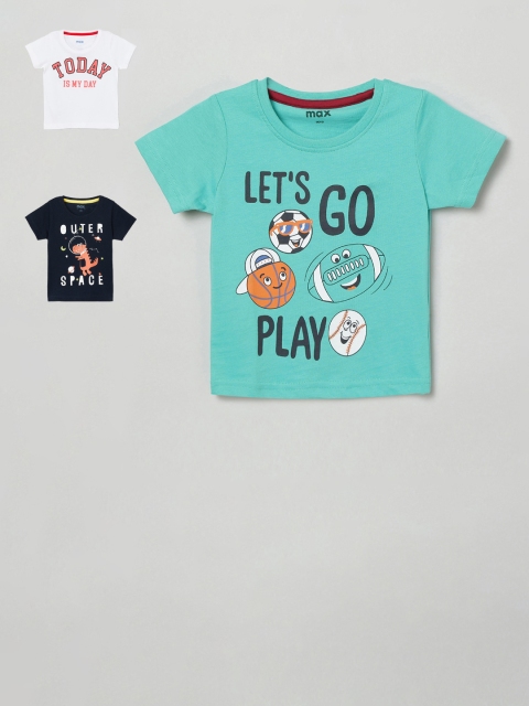 

max Infant Boys Pack of 3 Slogan Print Round Neck Pure Cotton T-shirts, Sea green