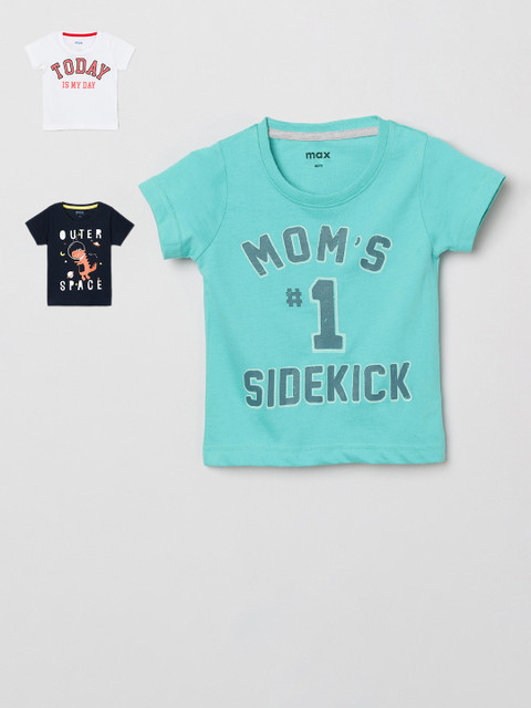 

max Infant Boys Pack of 3 Printed Round Neck Pure Cotton T-shirts, Sea green