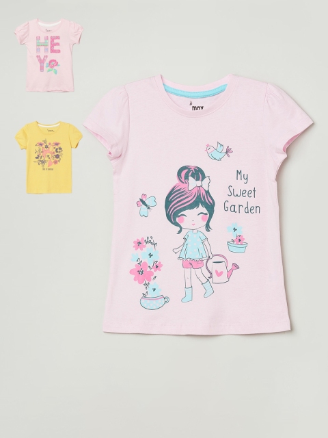 

max Girls Pack of 3 Printed Pure Cotton Round Neck T-Shirts, Pink