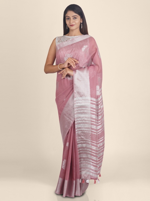 

KAJREE Mauve Pure Linen Woven Design Tussar Handloom Saree