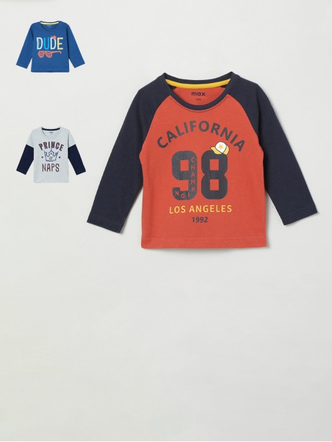 

max Infant Boys Pack of 3 Printed Round Neck Pure Cotton T-shirts, Orange