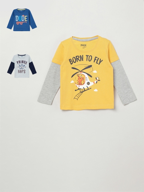

max Infant Boys Pack of 3 Printed Round Neck Pure Cotton T-shirts, Yellow