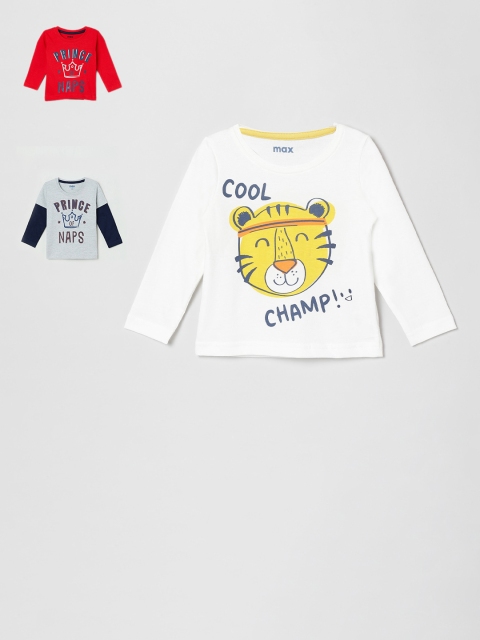 

max Infant Boys Pack of 3 Printed Pure Cotton Round Neck T-Shirts, White