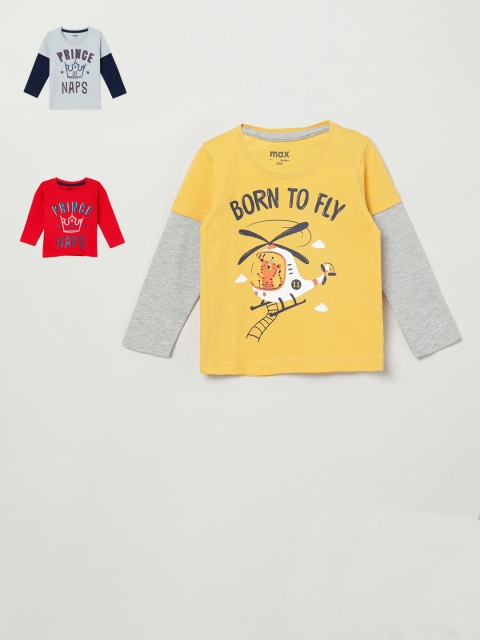 

max Infant Boys Pack of 3 Printed Round Neck Pure Cotton T-shirts, Mustard