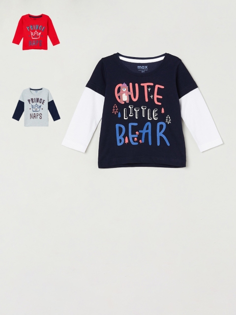 

max Infant Boys Pack of 3 Printed Pure Cotton Round Neck T-Shirts, Navy blue