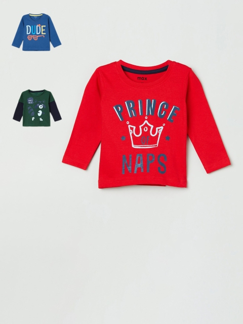 

max Infant Boys Pack of 3 Printed Pure Cotton Round Neck T-Shirts, Green