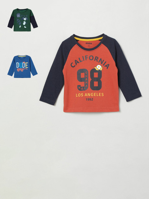 

max Infant Boys Pack of 3 Printed Round Neck Pure Cotton T-shirts, Orange