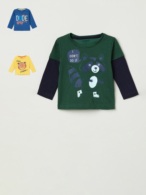 

max Infant Boys Pack of 3 Printed Round Neck Pure Cotton T-shirts, Green