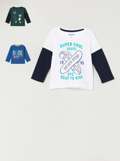 

max Infant Boys Pack of 3 Printed Pure Cotton Round Neck T-Shirts, White
