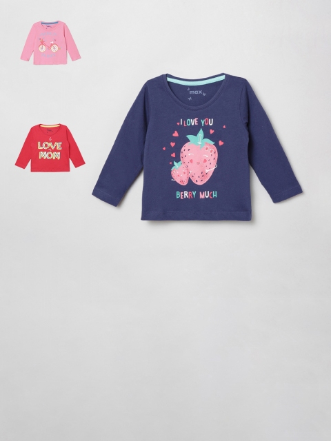 

max Girls Pack Of 3 Printed Round Neck T-shirts, Navy blue