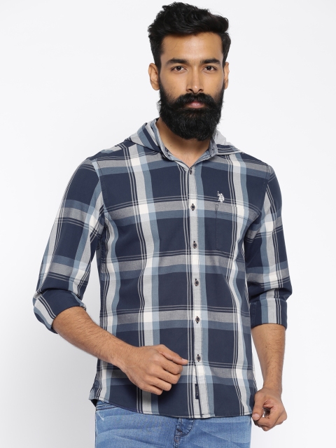 

U.S. Polo Assn. Denim Co. Navy Checked Hooded Casual Shirt, Navy blue