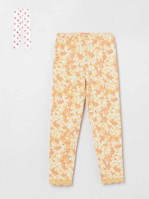 

max Girls Yellow & White Pack of 2 Printed Leggings
