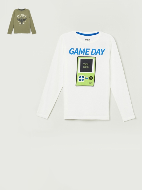 

max Boys White & Olive Green Pack of 2 Printed T-shirt