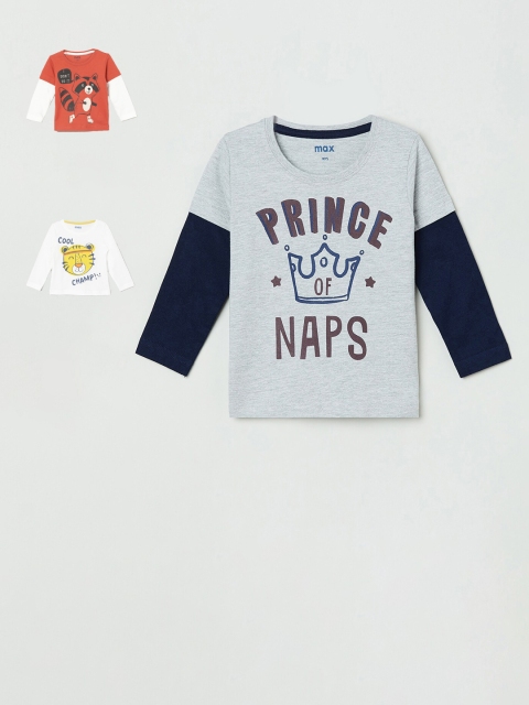 

max Boys Pack Of 3 Printed Round Neck T-shirts, Grey