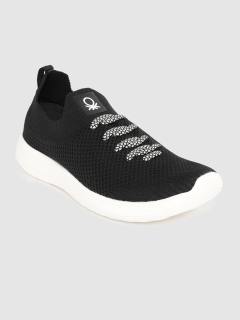 

United Colors of Benetton Men Black Woven Design Slip-On Sneakers with Lace-up Detail