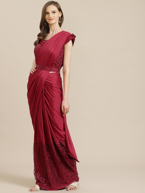 

KHALOM Maroon Sequinned Hem Pleated Ready to Wear Belted Party Saree