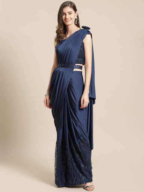 

KHALOM Navy Blue Sequinned Ready To Wear Saree with Belt