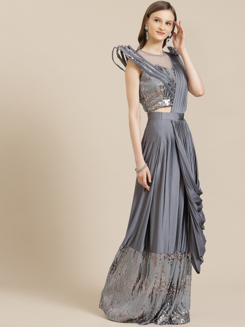 

KHALOM Grey & Silver Pleated Sequinned Hem Ready to Wear Party Saree
