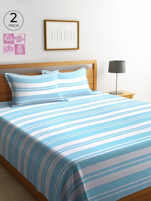 

KLOTTHE Set Of 2 Striped Double King Bed Covers with 4 Pillow Covers, Blue